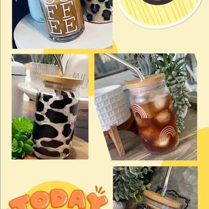 16oz glass cups with bamboo lids and stainless steel straws!